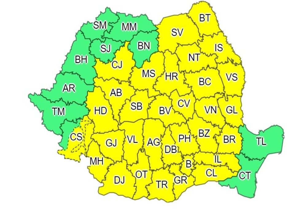 Cod galben de ploi și vijelii în 32 de județe - Harta zonelor afectate de avertizarea ANM