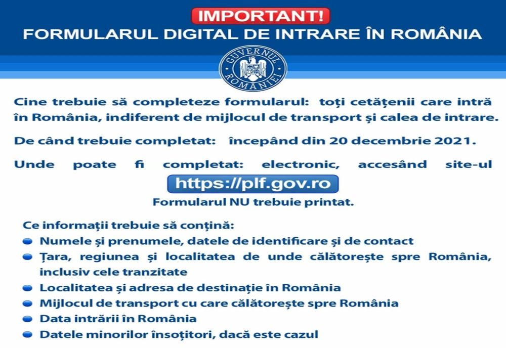 Persoanele care intră în țară trebuie să completeze formularul digital de intrare în România 